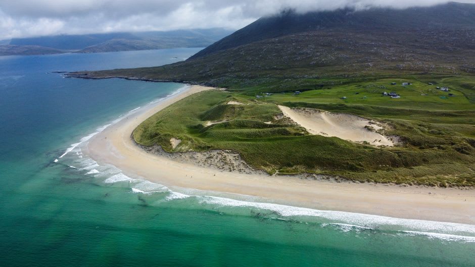 Traigh na Berie machair grasses swaying above the sand at Uig, Isle of Lewis