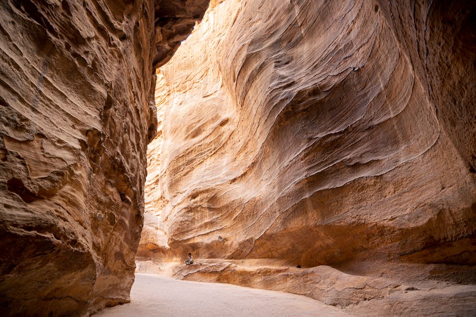 Limestone canyon of Wadi Khareitoun near Beit Sahour with caves visible in the rock face