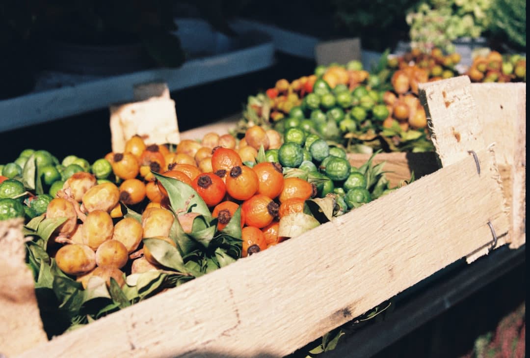 Crates of freshly picked clementines with leaves still attached at Qalqilya's central produce market