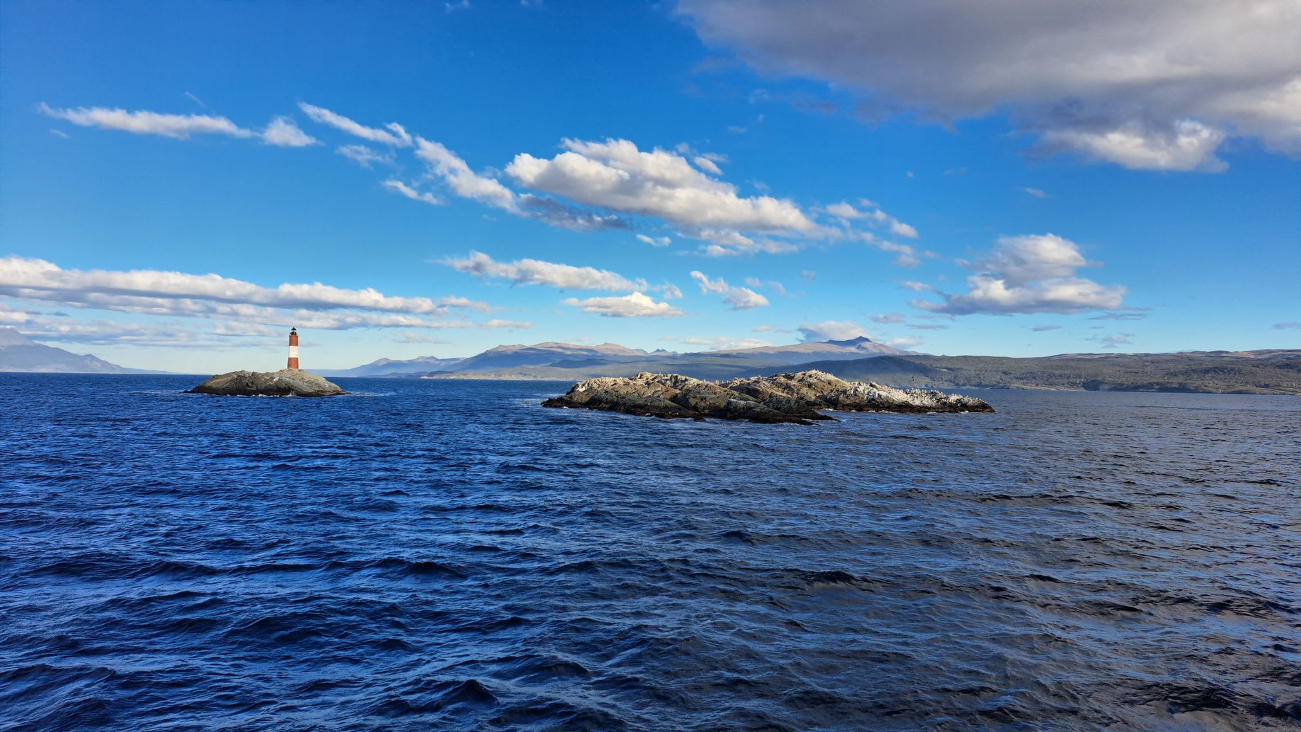 Parque Nacional Tierra del Fuego, lenga beech trees in autumn gold along the Beagle Channel shore, mountains in cloud beyond