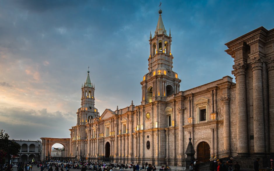 White sillar stone buildings of Arequipa's colonial centre glowing in sunlight