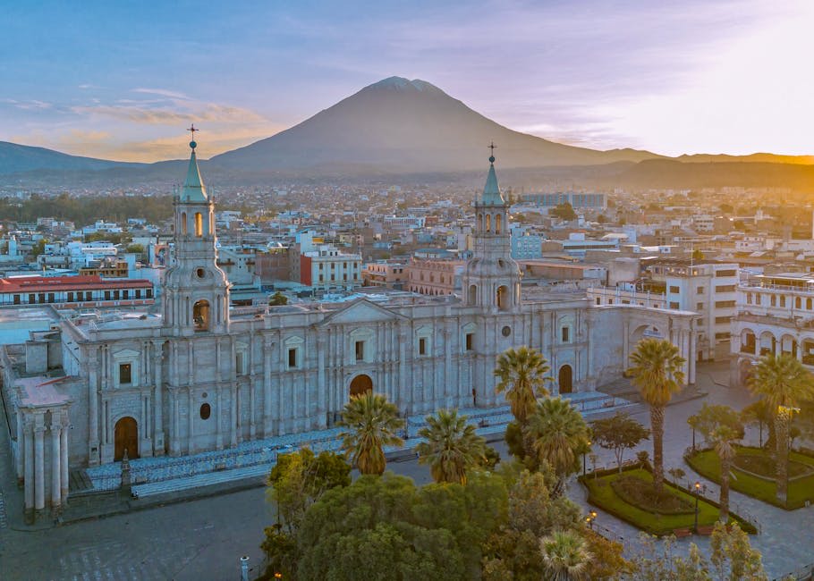 Arequipa's Plaza de Armas with the white cathedral and palm trees