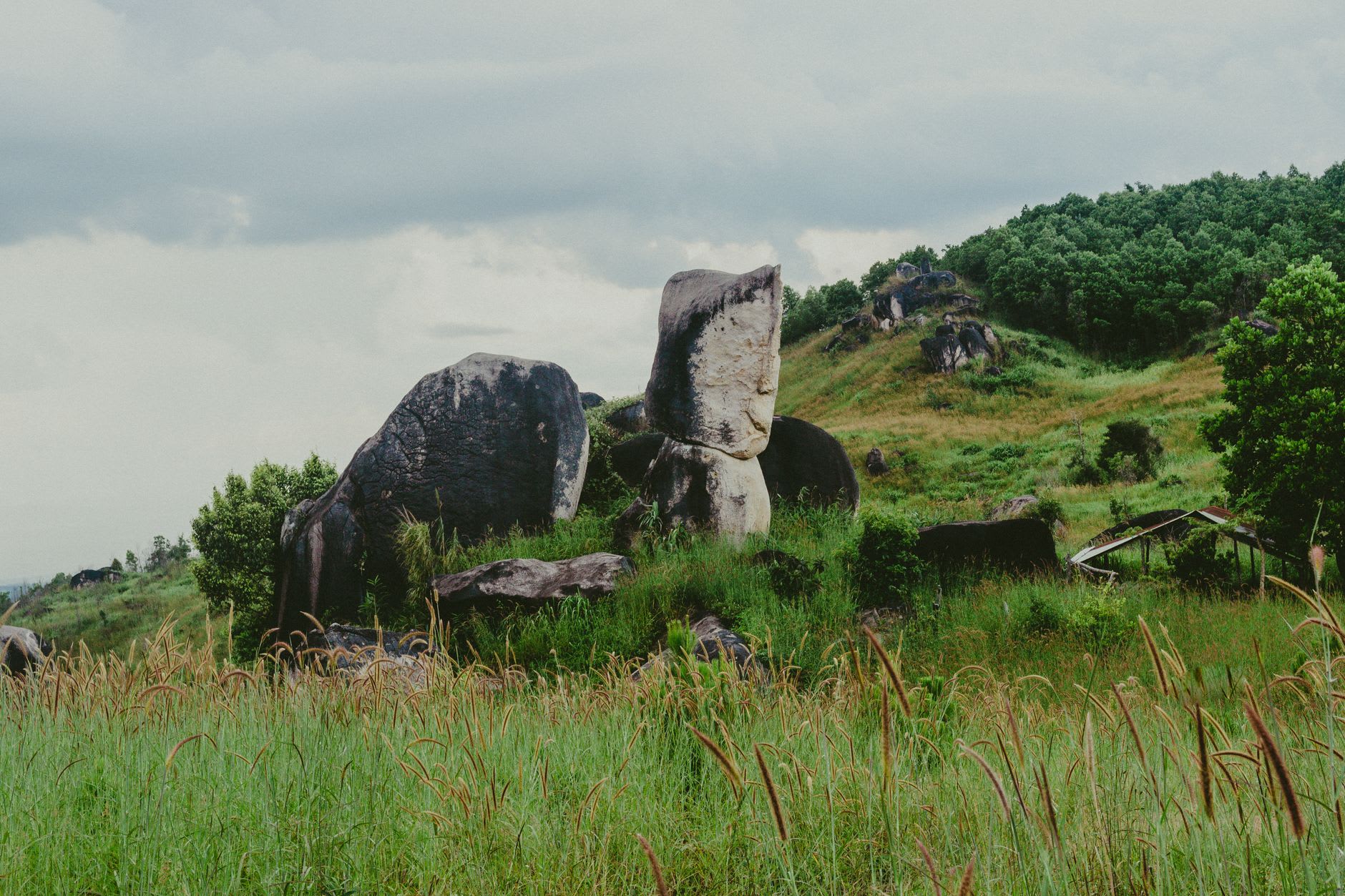 A cluster of ancient stone jars with a partial stone lid visible, surrounded by forest at Phu Salato
