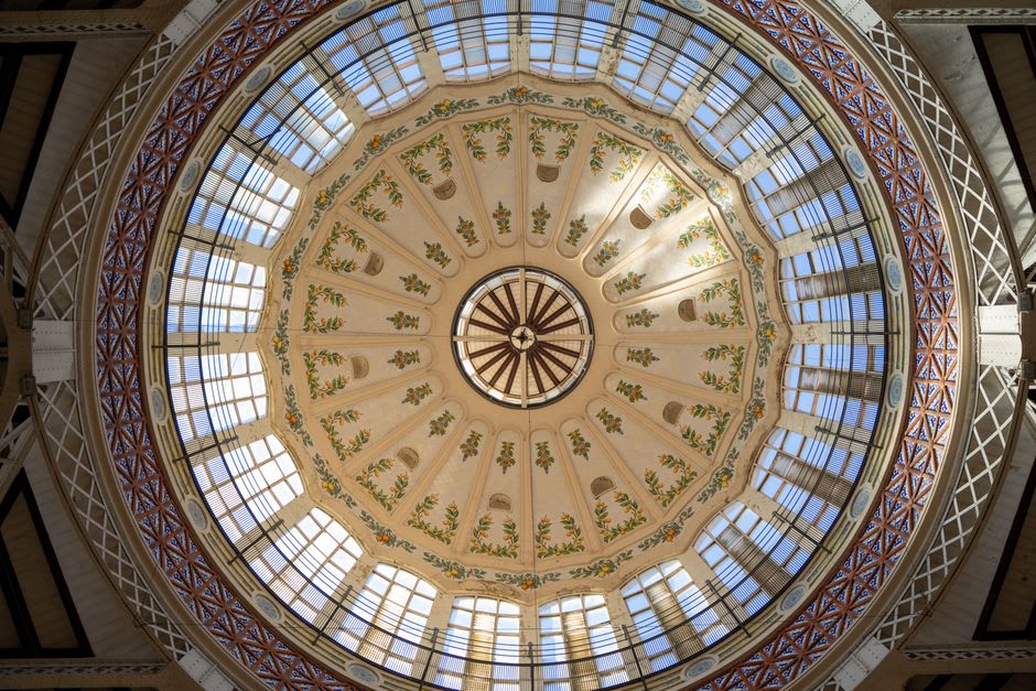 Tiled Art Deco interior of the Mercado do Livramento in Setúbal with cheese and produce stalls