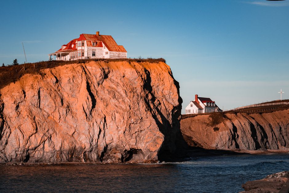 Northern gannets covering the red sandstone cliff face of Île Bonaventure in dense colonies, wings spread, against a blue sky