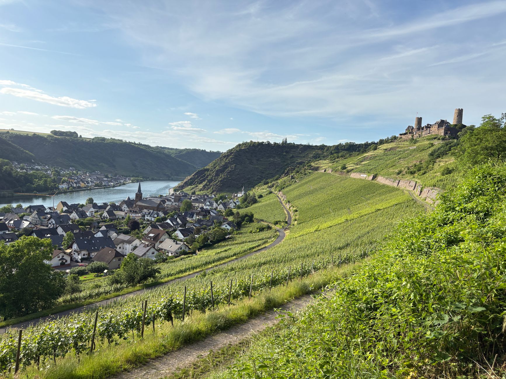 Rheinsteig viewpoint above the Loreley rock looking south down the Rhine gorge valley at dusk