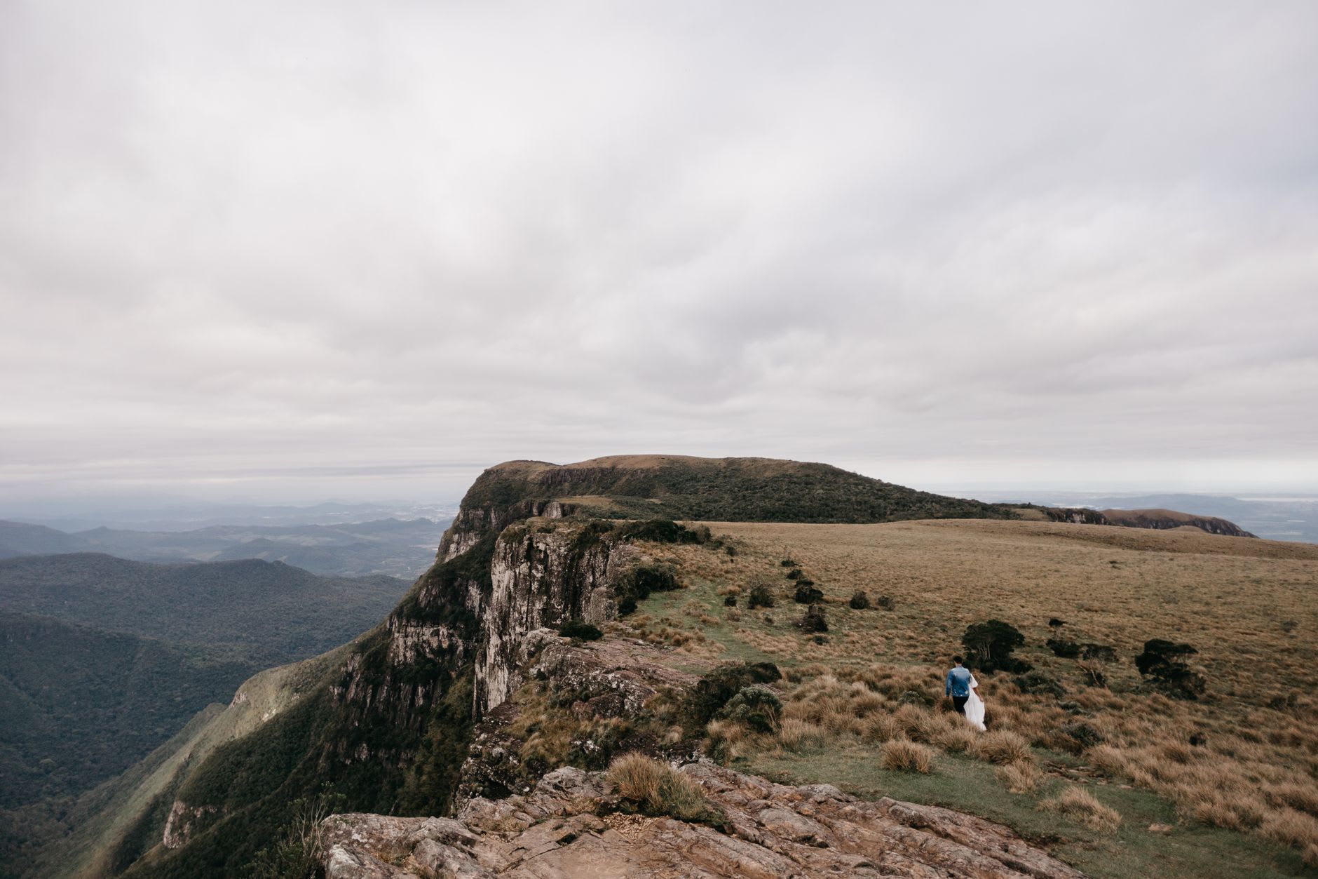 The canyon rim trail at Itaimbezinho, low shrubs and yellow grassland ending abruptly at the basalt edge, shadow filling the canyon floor far below