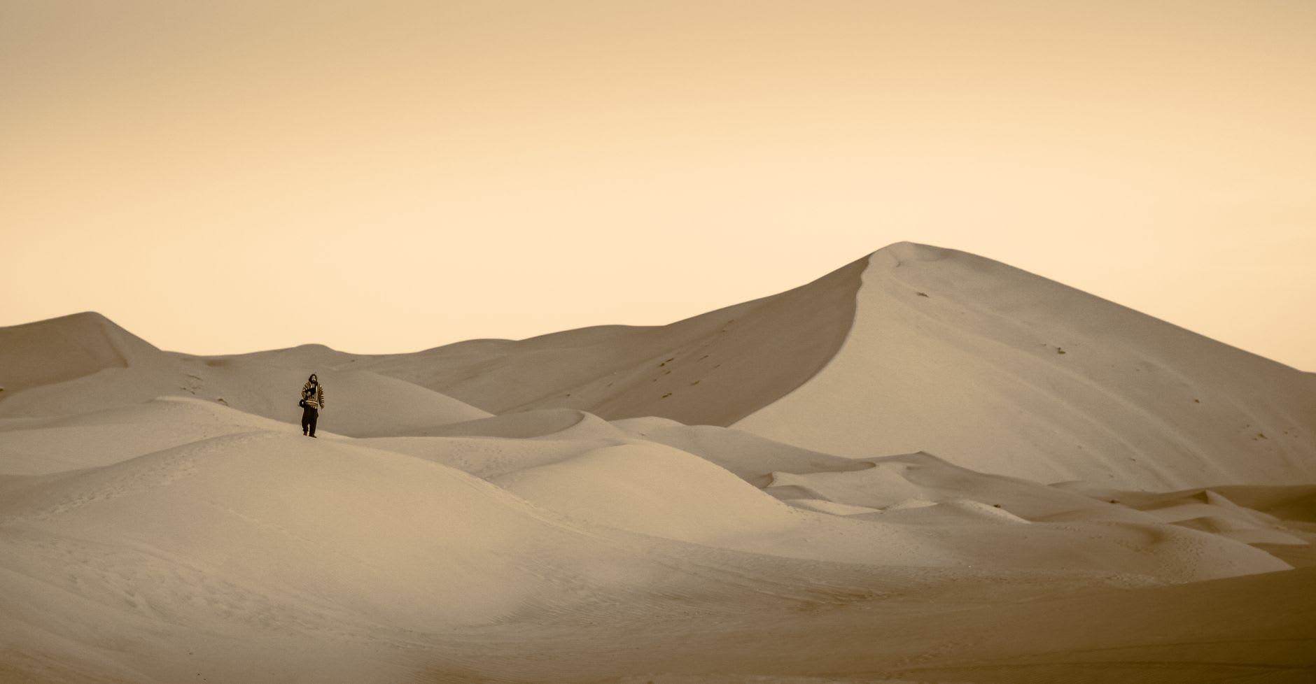 A 4x4 track fading into flat black gravel hammada with the pale ridge of distant dunes on the horizon