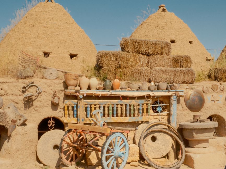 Mud-built granaries with conical roofs built into the Bandiagara cliff face at Teli