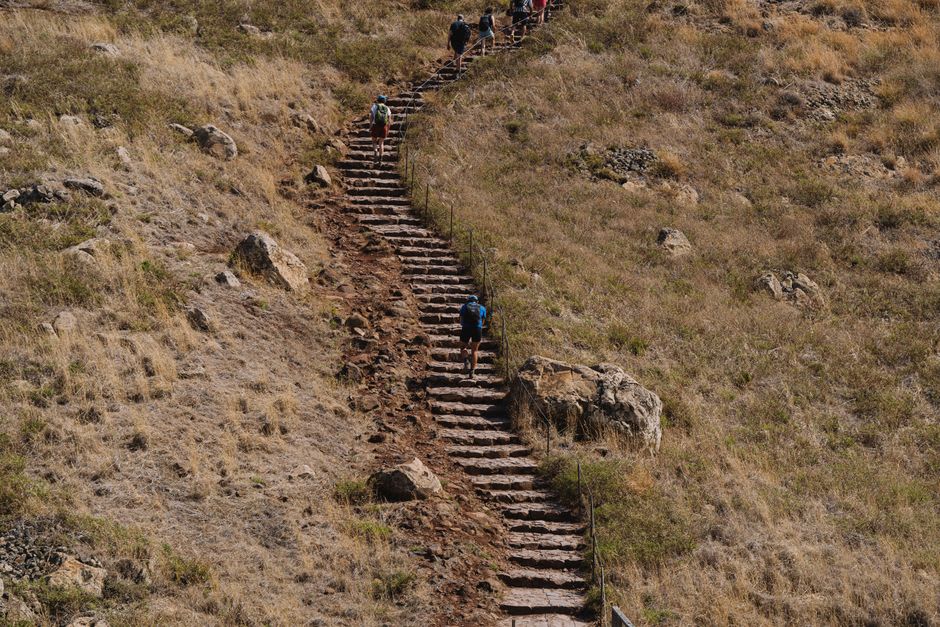 A narrow footpath winding along the base of the Bandiagara Escarpment between Dogon villages