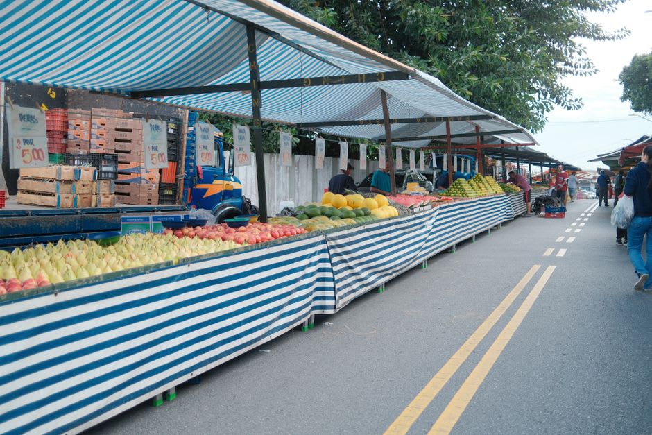 Étals de produits frais au marché de Salelologa un matin animé