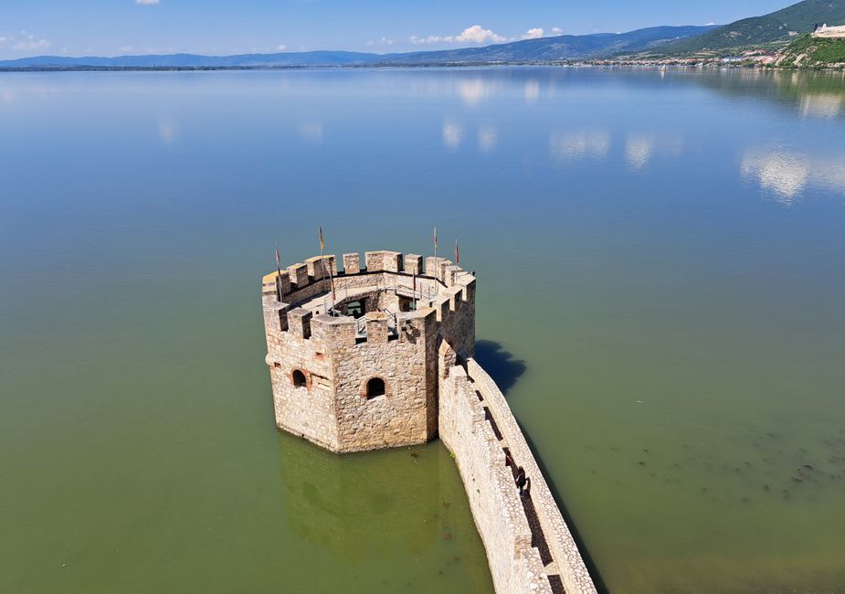Glass walkway inside one of Golubac Fortress's restored towers overlooking the Danube