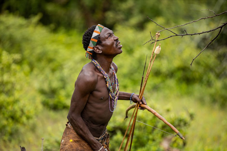 A Hadza hunter drawing his bow in the dry scrub near Lake Eyasi