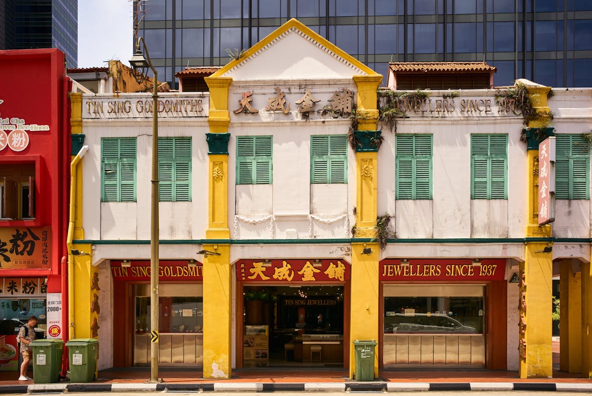 Colourful restored shophouses and lanterns in Singapore's Chinatown district