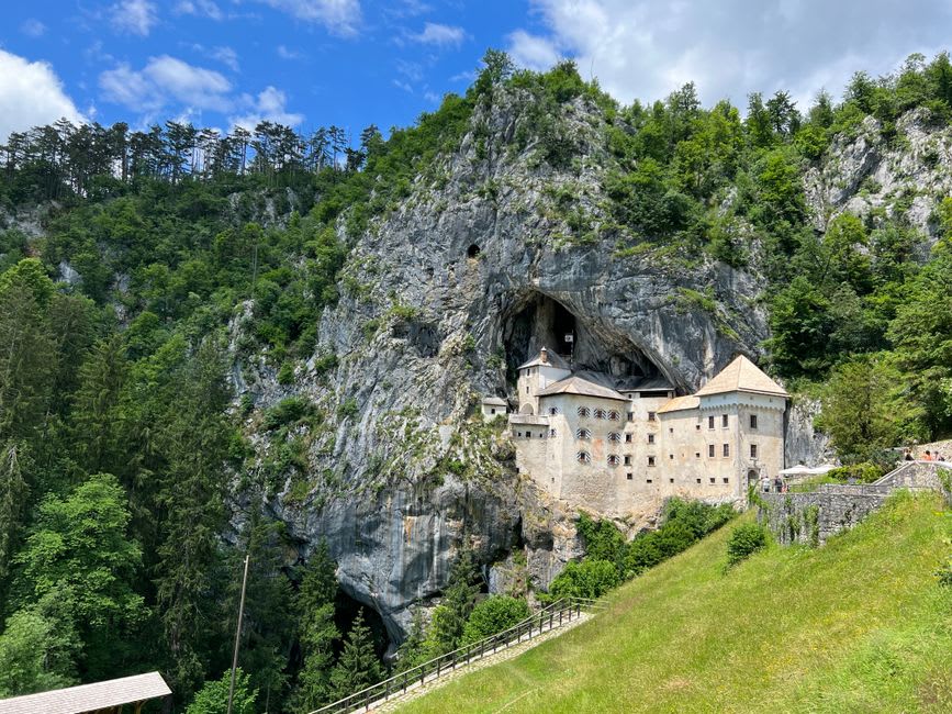 Predjama Castle facade seen from the meadow below, showing where the built stone walls merge into the natural cave rock