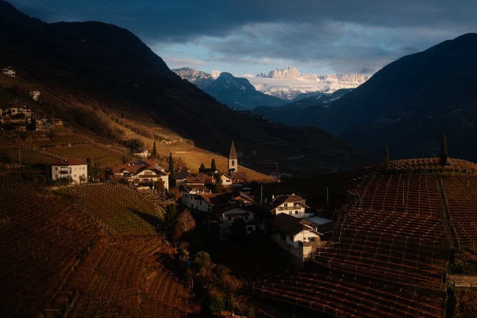 Vue depuis la terrasse de l'église de Ptujska Gora sur les collines escarpées et plissées des vignobles de Haloze au crépuscule