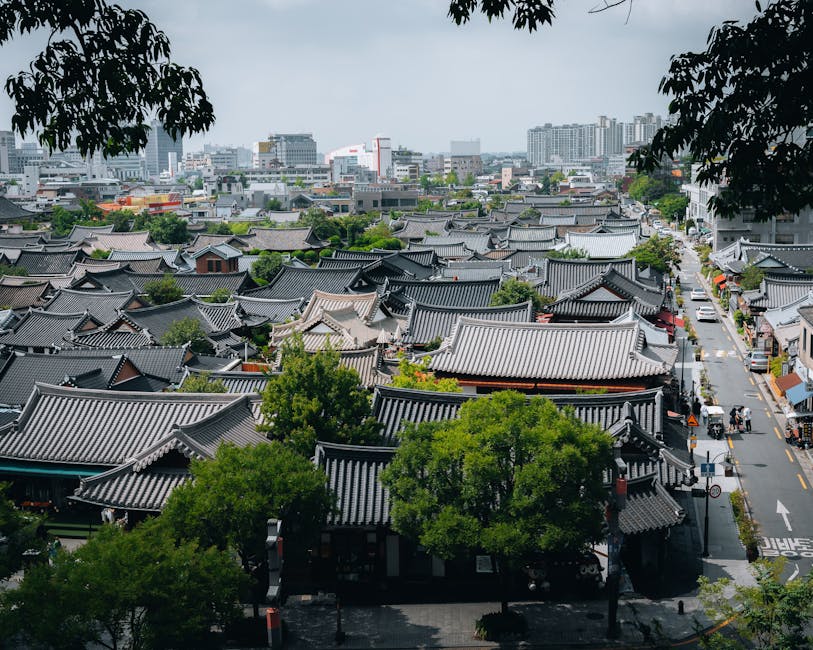 Traditional hanok rooftops in Jeonju village at dusk