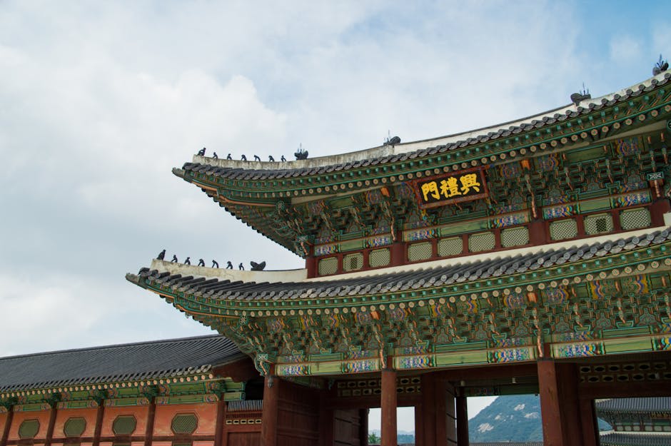 Traditional palace architecture with Seoul's skyline behind