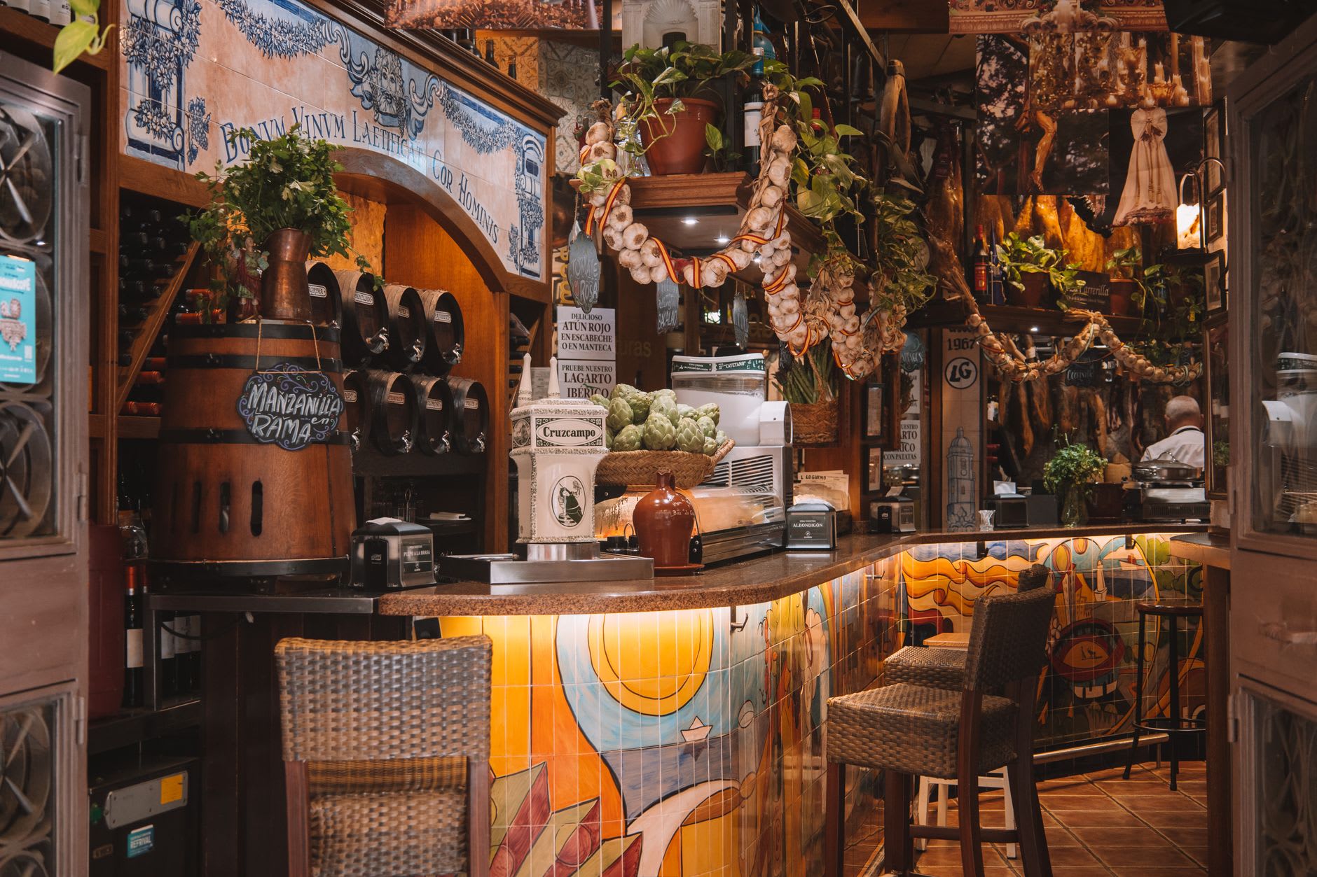 A spread of Basque pintxos laid out on a bar counter in Bilbao's Casco Viejo