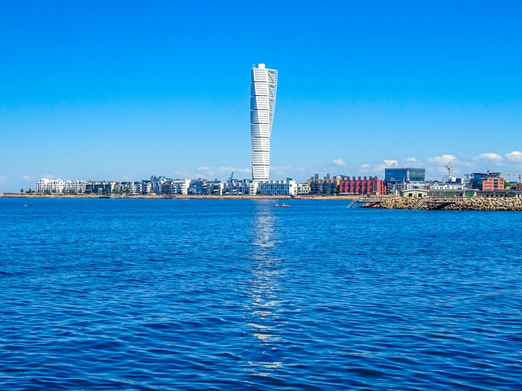 The Turning Torso building in Malmo photographed from across the canal