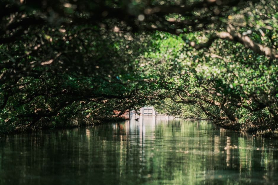 Kayakers paddling in near-darkness beneath the low granite ceiling of the Beihai Tunnel on Nangan Island, Matsu