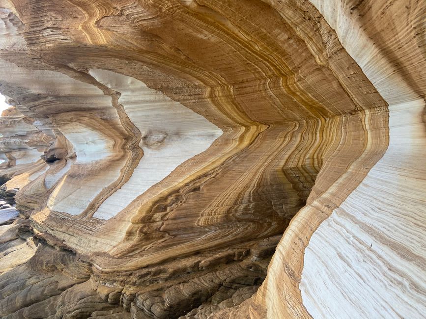 Patrones ondulantes en tonos naranja y crema en la arenisca de los Painted Cliffs, Maria Island