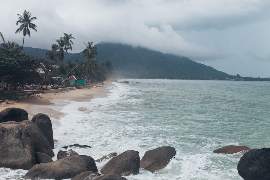 Palm-fringed white sand beach with turquoise water on Koh Samui