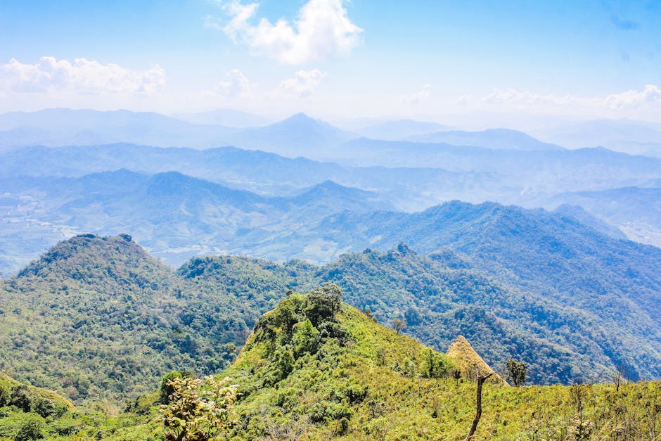 Sunset over Pai Canyon with green mountains stretching to the horizon