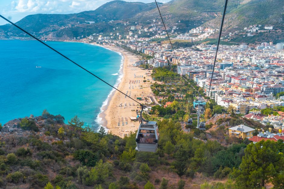 Cleopatra Beach in Alanya with the fortress-topped peninsula rising behind it