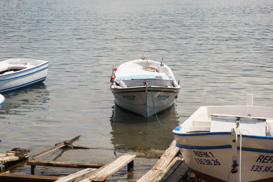 Fishing boats moored in Amasra's small harbor beneath the old castle walls