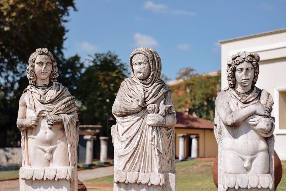 Detailed Roman-era marble statues in the site museum at Aphrodisias