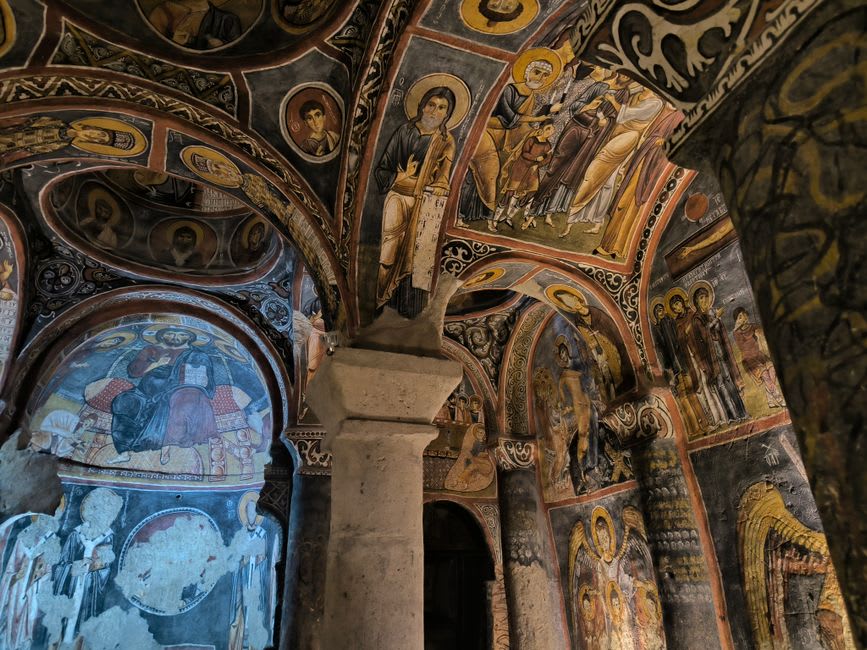 A frescoed Byzantine cave church interior in the Goreme Open-Air Museum