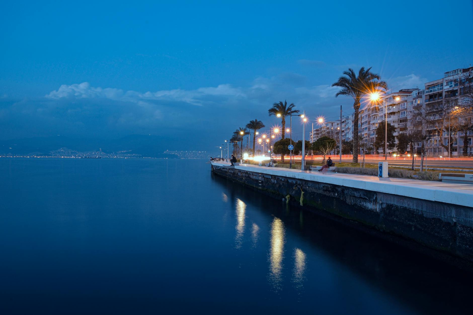The waterfront promenade along Izmir's bay at golden hour