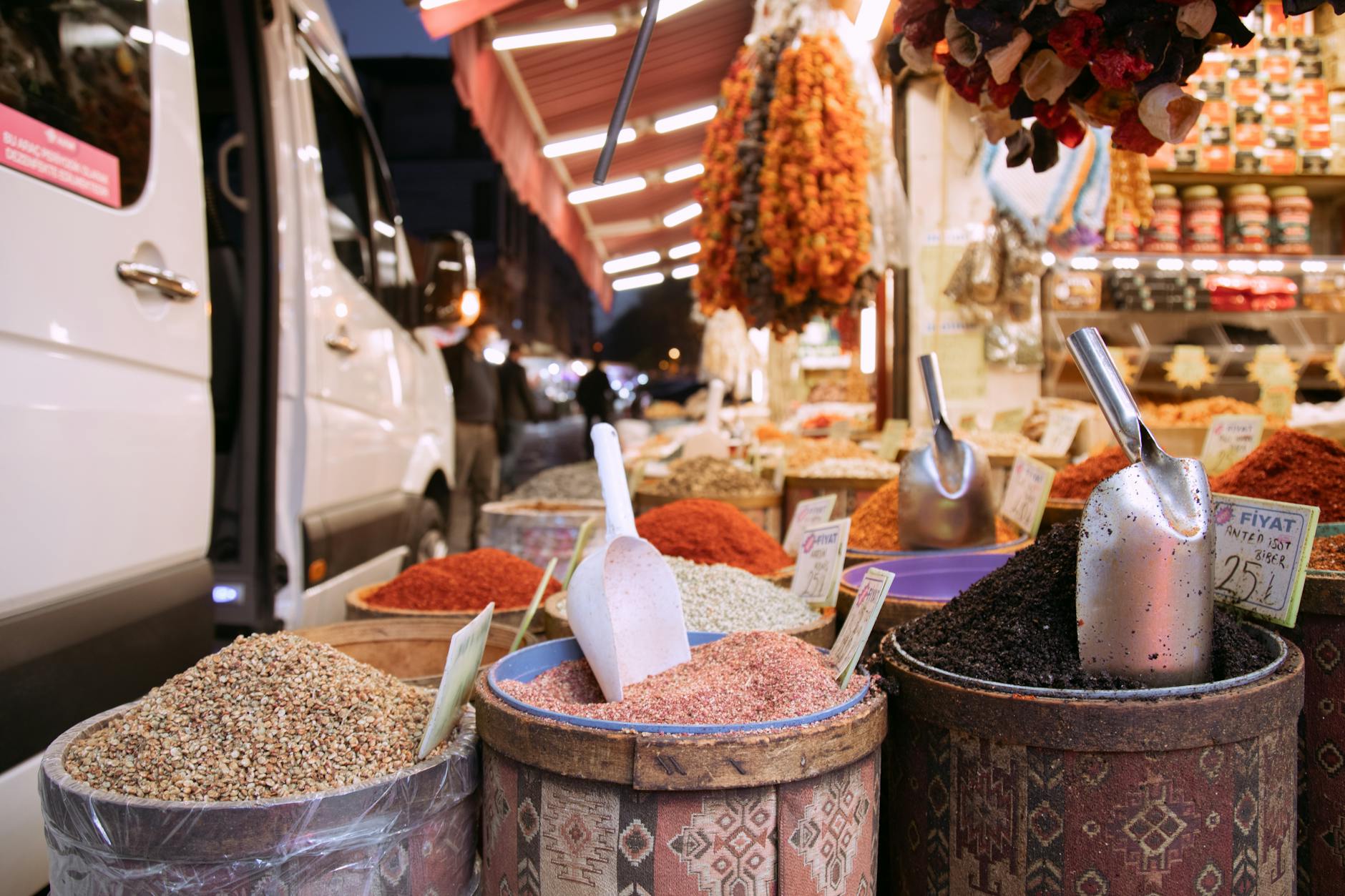 The colorful spice stalls and bustling atmosphere of a Turkish bazaar