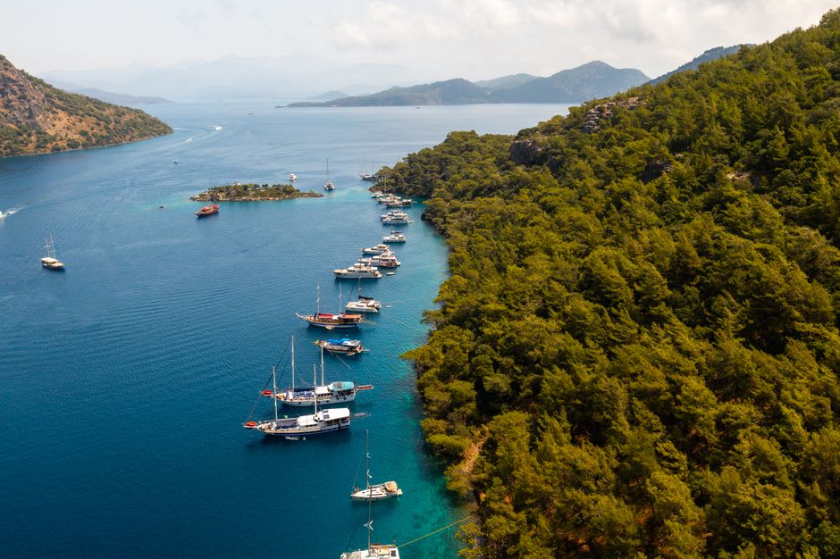 Les collines couvertes de pins entourant la baie de Marmaris vues depuis une croisière en bateau
