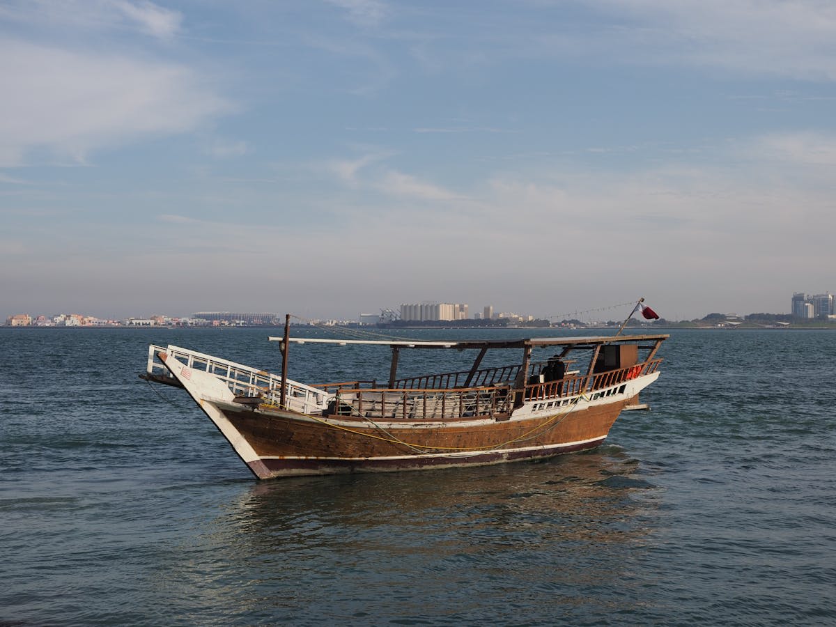 Traditional dhow boats moored in a Gulf harbor