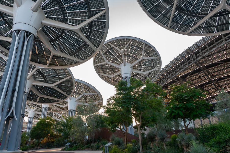 Sustainability Pavilion building with solar-panel canopy structure at Dubai Expo City