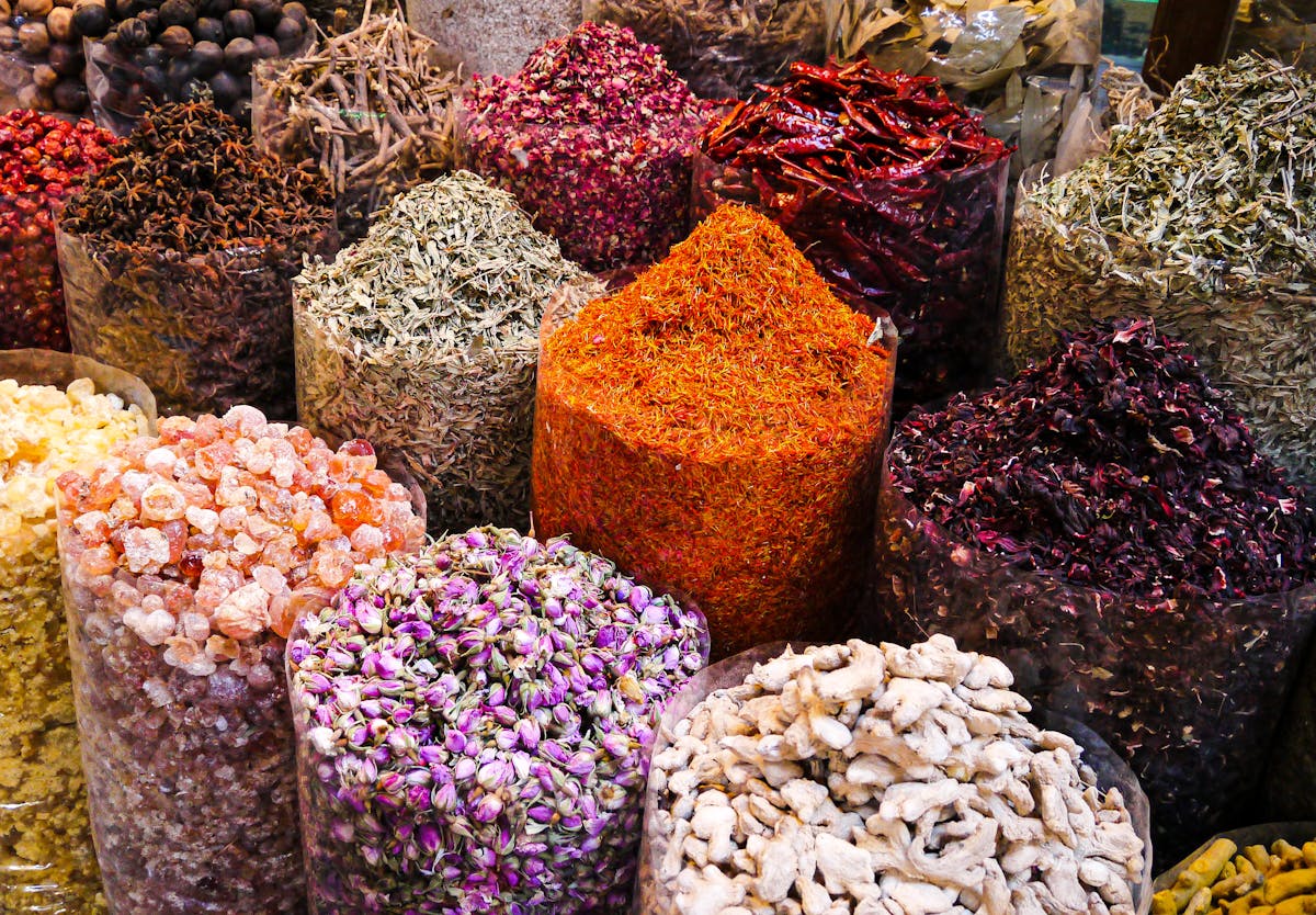 Traditional souk market with spices and gold in Dubai
