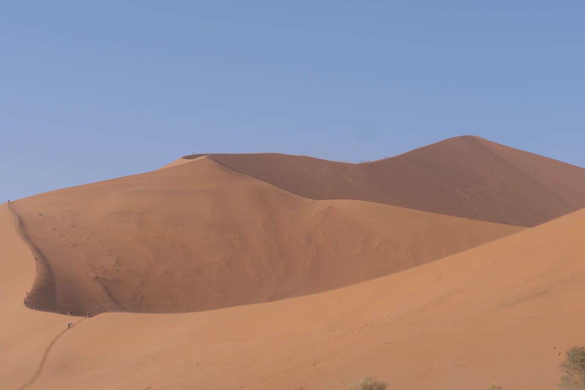 Massive orange sand dunes stretching to the horizon under blue sky
