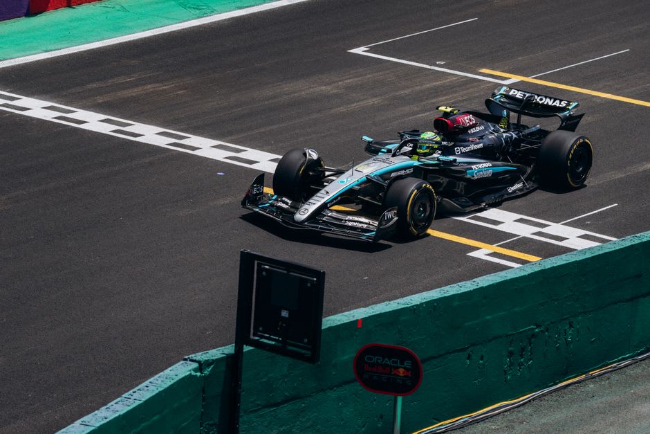 The Yas Marina Circuit track curving past the Yas Viceroy hotel