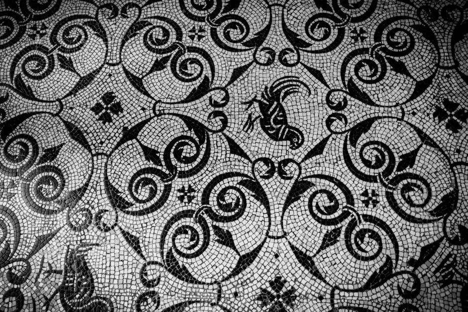 Detail of the ancient Roman mosaic sea creatures at the Bevagna baths