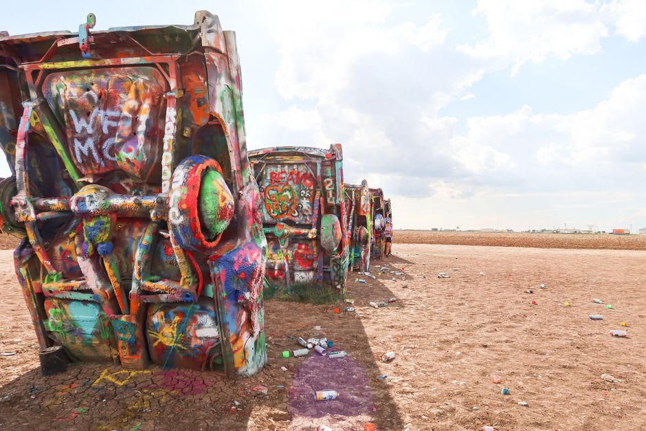 Painted vintage cars standing upright to form the trilithon arches of Carhenge near Alliance, Nebraska