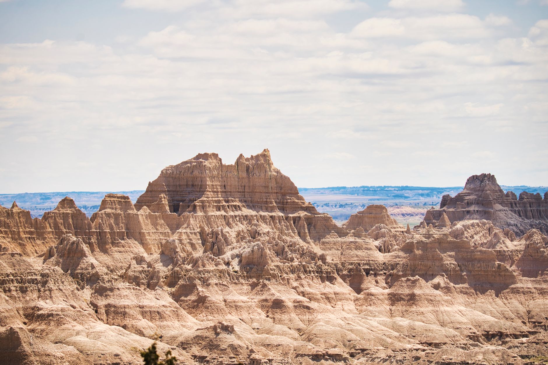 Late afternoon light raking across the banded pink and tan spires of Badlands National Park with long shadows stretching across the eroded ridges