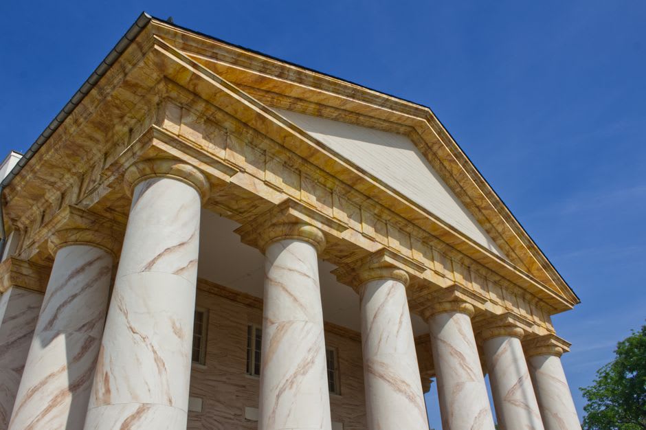 The Greek Revival facade of historic Thespian Hall, one of the oldest operating theaters in America, in Boonville, Missouri