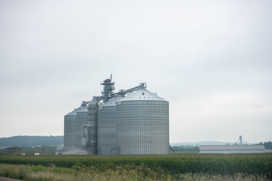 A grain elevator and open farmland on the edge of Bridgeville, Delaware, where the Punkin Chunkin field once stood