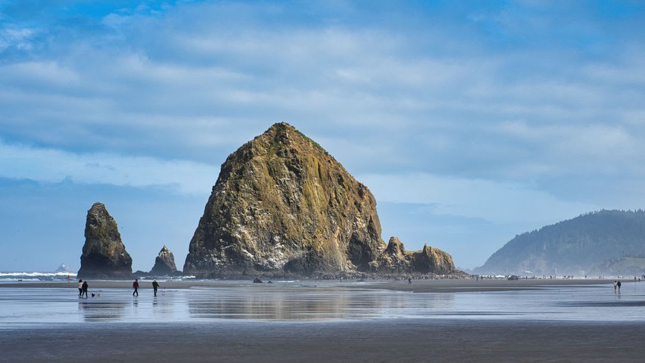 Tide pools at the base of Haystack Rock at low tide, colorful sea stars and green anemones clinging to the wet basalt