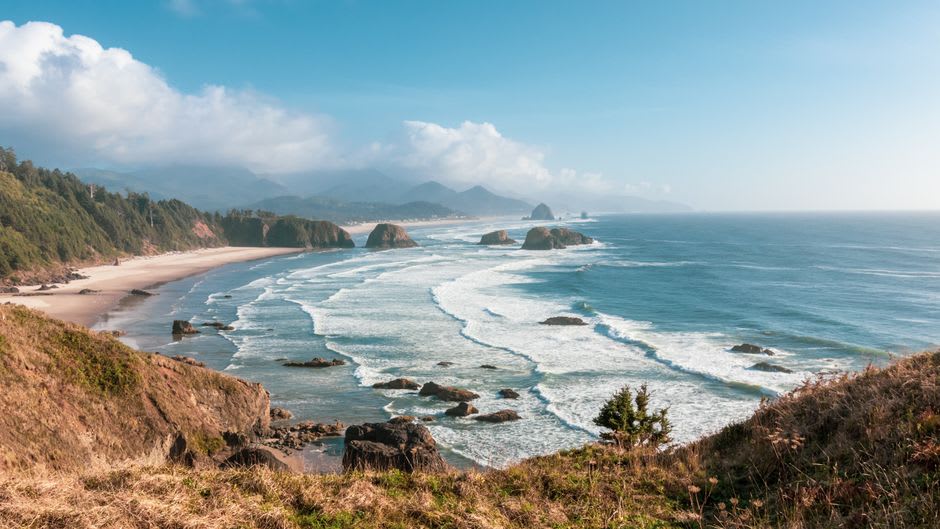 The view from Ecola State Park headland looking down the coastline toward Cannon Beach, sea stacks and forested cliffs in mist