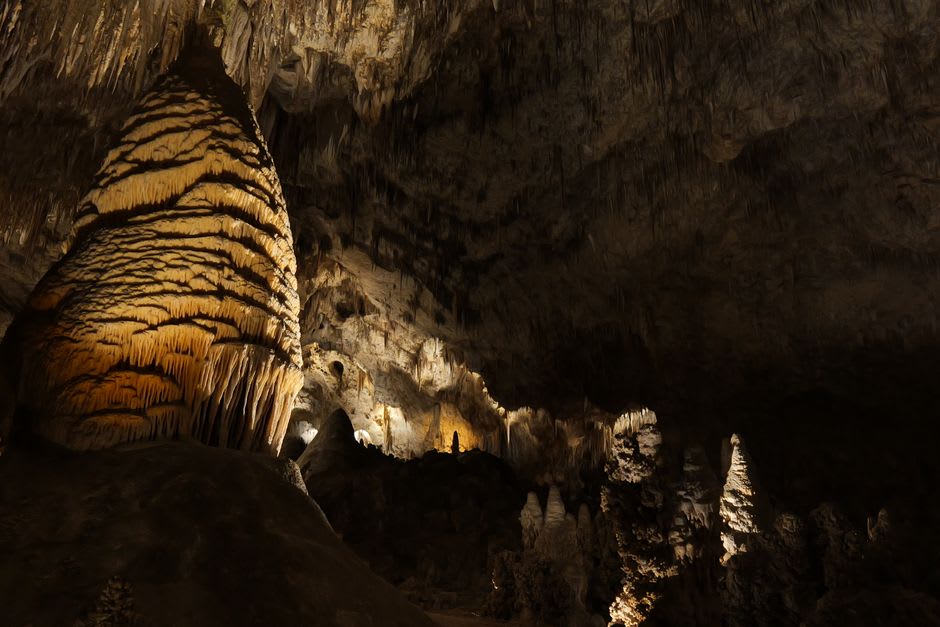 The vast Big Room chamber of Carlsbad Caverns, immense stone columns and draperies lit in warm amber against deep shadow