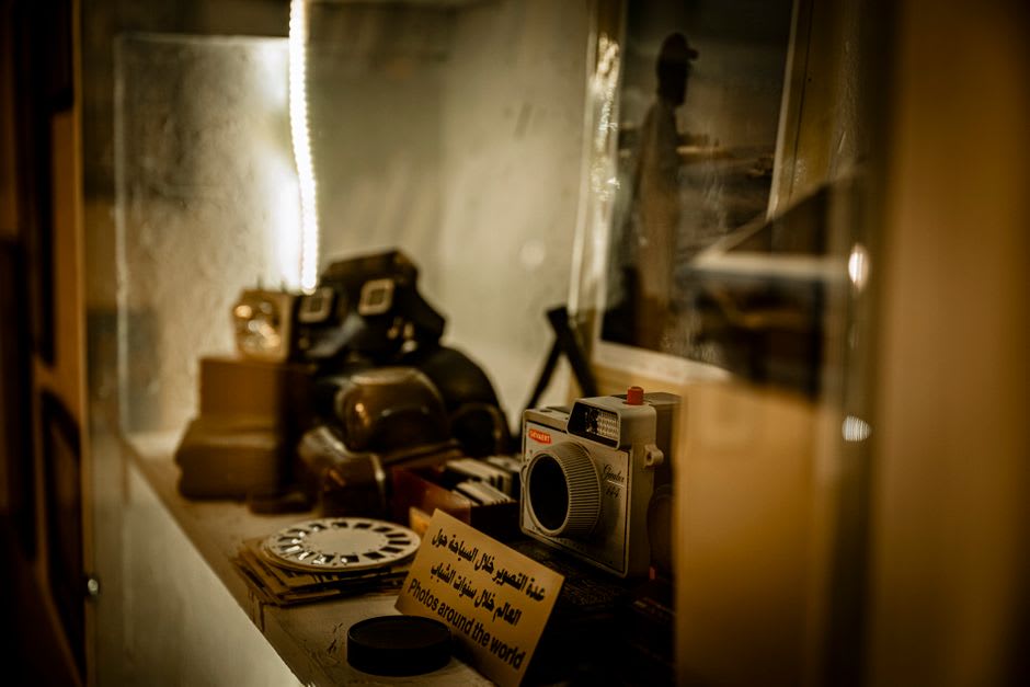 Vintage safari cameras and expedition photographs on display at the Safari Museum in Chanute, Kansas
