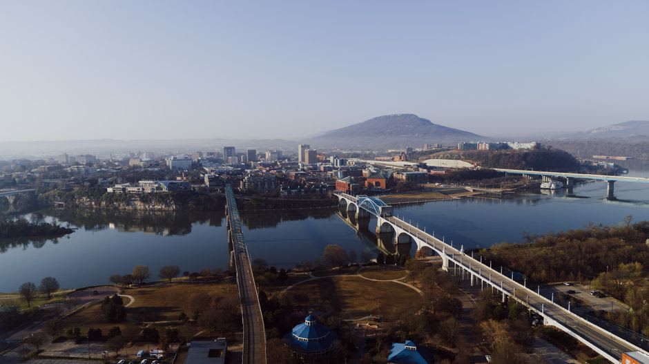 The long iron Walnut Street pedestrian bridge crossing the Tennessee River in Chattanooga